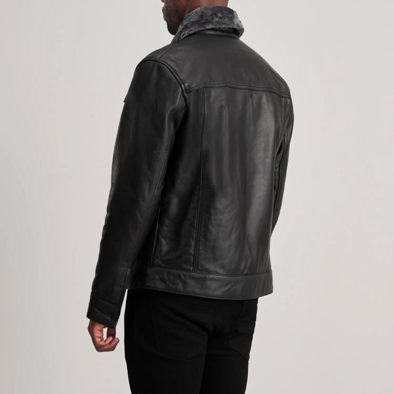 Mens Dallis Black Leather Shearling Trucker Jacket Tilted Back-8-1733736089876